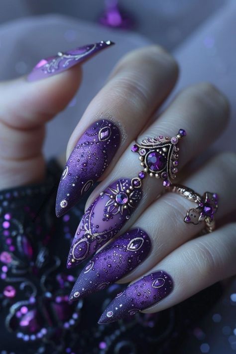 Witchy Nails, Purple Nail Art, Gothic Nails, Fancy Nails Designs, Goth Nails, Purple Nail, Pretty Nail Art, Trendy Nail Design, Cute Nail Designs