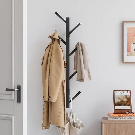 Coat Rack Entryway Behind Door, Coat Rack For Small Spaces, Wall Hooks Ideas Bedroom, Coats Entryway, Wall Coat Rack Ideas, Coat Tree Entryway, Coat Hanging Ideas Entryway, Coat Storage Small Space, Vertical Hat Rack