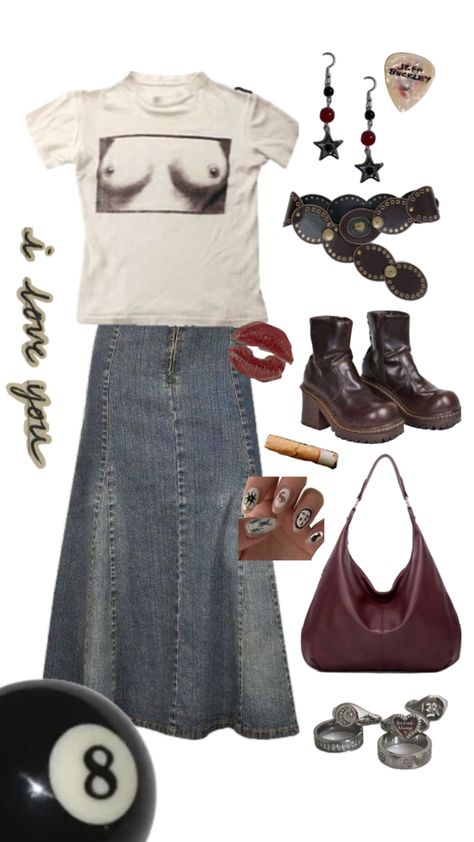 outfit board aesthetic vintage thrifted second hand jean skirt long sleeve jewelry mirrorball flower sandals earrings rings short skirt bag 80s 70s 90s 00s rockstar gf grunge 90s Jean Skirt, Jean Skirt Long, Board Aesthetic, Long Jean Skirt, Rockstar Gf, Flower Sandals, Jeans Skirt, Skirt Long, 90s 00s