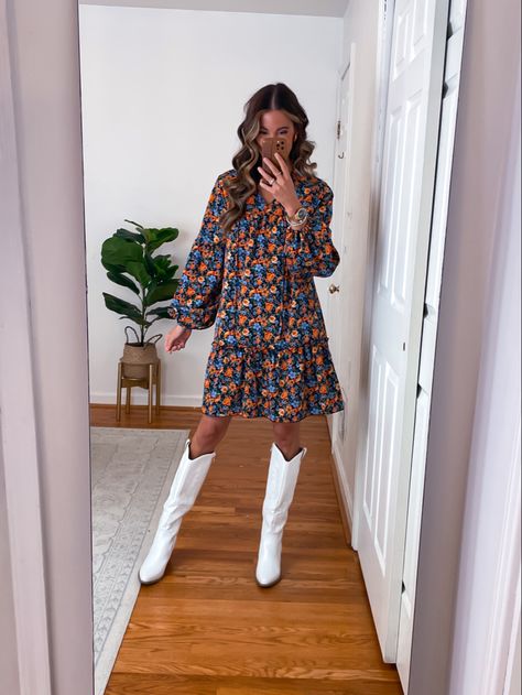 Fall Dress Ideas | Fall Dress Outfit | Fall Dress Casual | White Boots Outfit | Country Concert Outfit | Cowboy Boots Outfit White Cowboy Boots Outfit Dress, Fall Dress Ideas, Fall Dress Casual, Dress Casual White, White Cowboy Boots Outfit, Dress Outfit Fall, Outfit Country Concert, Outfit Cowboy, Cowboy Boots Outfit