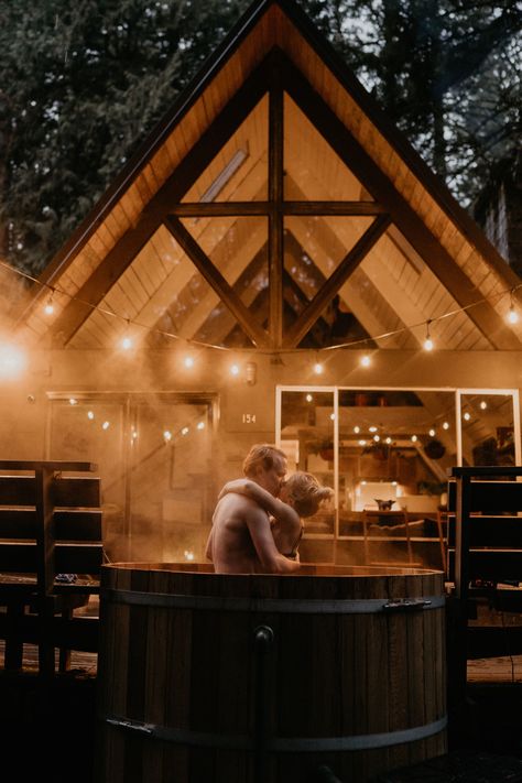 Hiking Engagement Photos, Cabin Hot Tub, Adventure Engagement Photos, A Frame Cabins, Cabin Aesthetic, Intimate Photos, Set Boundaries, Mount Rainier National Park, A Frame Cabin