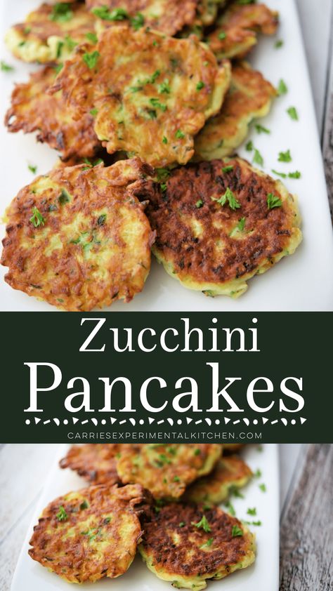 Aunt Anita's Zucchini Pancakes | Carrie’s Experimental Kitchen Zucchini For Breakfast, Zucchini Hashbrowns, Pan Fried Zucchini Rounds, Zucchini Breakfast Recipes, Fried Zucchini Batter, Tuesday Meals, Zucchini Breakfast Recipes Eggs, Fresh Zucchini Recipes, Zucchini With Eggs Recipe