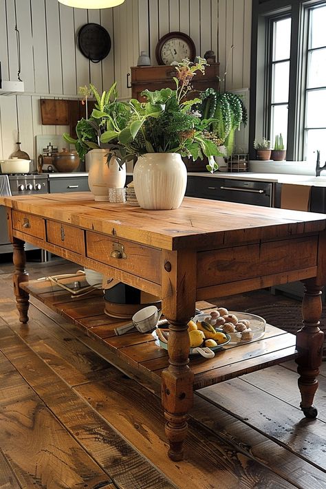 Gather in Style: Farmhouse Kitchen Island Table Ideas - Quiet Minimal Island Furniture Kitchen, Kitchen Island Cottage Style, Furniture Style Kitchen Island, Antique Wood Island, Draper Table Kitchen Island, Eclectic Farmhouse Kitchen, 1900 Farmhouse Kitchen, Kitchen With Table Instead Of Island, 1900s Farmhouse Kitchen