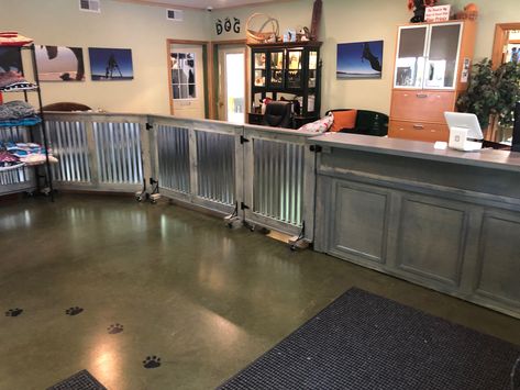 Reception desk and movable corrugated walls for doggie daycare Desk Remodel, Corrugated Wall, Vet Practice, Grooming Salons, Resort Decor, Boarding Kennels, Handcrafted Dining Table, Boarding Facility, Grooming Ideas