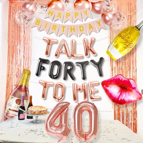 PRICES MAY VARY. Latex Our Talk Forty To Me Decoration set has it all to make this a big awesome day! This set of Talk Forty To Me Decoration can be use birthday party! You will get: 1 x Talk Forty To Me 16 inch letter balloons, 1 x wine balloon,1 x cup balloon,1 x rose gold rain curtain, 1 x rose gold birthday banner,8 x rose gold latex balloons, 12 x sequin balloons( Total 25 PCS detail please refer to the pictures). DIY your Talk Forty To Me Party Decoration! Use our balloons and backdrop to Rose Gold 40th Birthday Decorations, Cool 40th Birthday Party Ideas, Talk Forty To Me Party, Talk 40 To Me Birthday Theme, Rose Gold 40th Birthday Ideas, Nashville 40th Birthday Party, 40th Birthday Ideas For Women Themes Turning 40, Drinking Party Themes, 40th Birthday Ideas For Women Themes