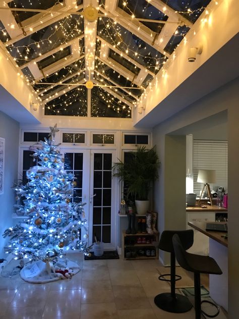 Conservatory Christmas Decorations, Christmas Conservatory Decoration, Christmas Conservatory Ideas, Conservatory Christmas Decor, Christmas Conservatory, Farrow And Ball Mizzle, Conservatory Lighting, Future Mansion, Conservatory Decor