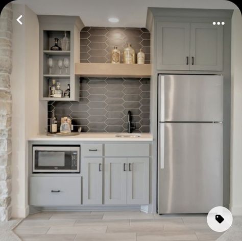 Y’all Kitchen Cabinets, Family Room Kitchenette, Basement Fridge Area, Kitchenette With Microwave, Cute Kitchenette Ideas, Dry Bar With Full Fridge, Corner Dry Bar Ideas Basement, White Black Natural Wood Kitchen, Small Kitchen In Basement