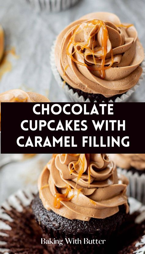 Chocolate Cupcakes with Caramel Filling, a Dreamy Dessert that's sure to impress with its rich flavor and surprise center. Cupcakes With Caramel Filling, Caramel Cupcake Filling, Filled Chocolate Cupcakes, Chocolate Caramel Cupcakes, Cupcakes With Caramel, Chocolate Cupcakes Recipe, Moist Chocolate Cupcakes, Milk Chocolate Frosting, Chocolate Swiss Meringue Buttercream