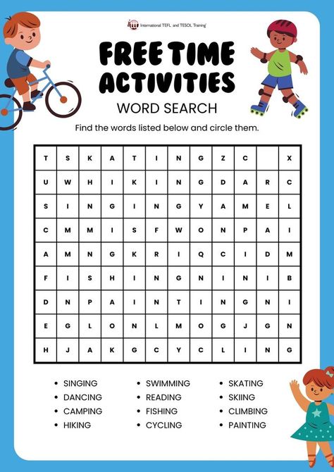 Print out this fun word search worksheet and have your students practice free time activity vocabulary. Free Time Activities Worksheets, Verbs For Kids, Kids Word Search, Verb Words, Free Time Activities, Matching Worksheets, Mini Altar, English Activities For Kids, Teaching English Online