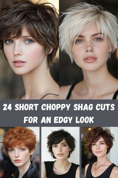 Choppy shag haircuts bring an edgy, rocker-chic vibe. Check out these 24 short, choppy styles that are full of texture and attitude for a bold new look. Edgy Rocker Chic, Short Shag With Undercut, Choppy Shag Bob Hairstyles, Choppy Rocker Hair, Short Hair Shag Cut, Short Choppy Shag Haircut, Short Edgy Shag Haircut, Short Choppy Hair Edgy Messy Pixie, Short Choppy Hairstyle Women