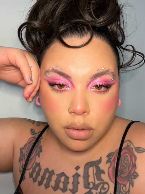 Pink Blouse Styling, Pink Metallic Eye Makeup, Pink Creative Makeup Looks, Simple Valentine Makeup Looks, Pink Pride Makeup, Pink Aesthetic Makeup Looks, Pink Avant Garde Makeup, Pink Makeup Looks Hooded Eyes, Rave Makeup Pink