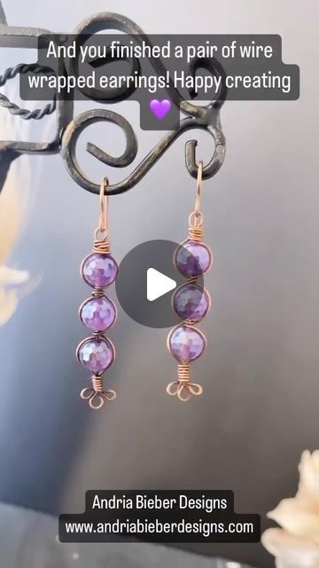 Andria Bieber on Instagram: "Wire wrap some earrings with me 💜
You will need: 22 gauge wire from @artisticwirebrand  @beadalon 
2 ear wires/ 2 8mm stones from @limabeads 
* Cut 3 strands of 22 gauge wire equal length at 10 inches. And smooth them out. 
* Curl all 3 ends into small loops. 
*cut 5 inches of 22 gauge wire and coil around all three strands five times holding all three strands together.
*Pinch end closed on top. Cut wire on bottom and pinch closed. 
* Using round nose plier separate the three loops into a floral shape, one loop in the center and 1  on the right, and 1 on the left.
* Flatten out loops with pliers to form flower loops and press into shape. 
* Add bead onto center wire. I am using an 8mm. 
* Pull left side wire over the front of the bead and the right side wire b Round Nose, Wrapped Earrings, Wire Wrapped Earrings, Jewelry Diy, Wire Wrap, Pliers, Ear Wires, Right Side, Wire Wrapped