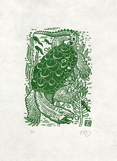 Snapping turtle — Kathleen Neeley Turtle Linocut, Common Snapping Turtle, Snapping Turtle, Lino Art, Linoleum Block, Spooky Tattoos, Turtle Tattoo, Turtle Art, 1 Tattoo