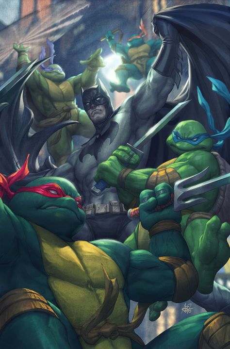 Special crossover variant cover for DC Comics. First time drawing the turtles. by Artgerm Batman Tmnt, Tmnt Wallpaper, Usagi Yojimbo, Teenage Mutant Ninja Turtles Artwork, Teenage Mutant Ninja Turtles Art, Ninja Turtles Artwork, Univers Dc, Tmnt Artwork, Teenage Ninja Turtles