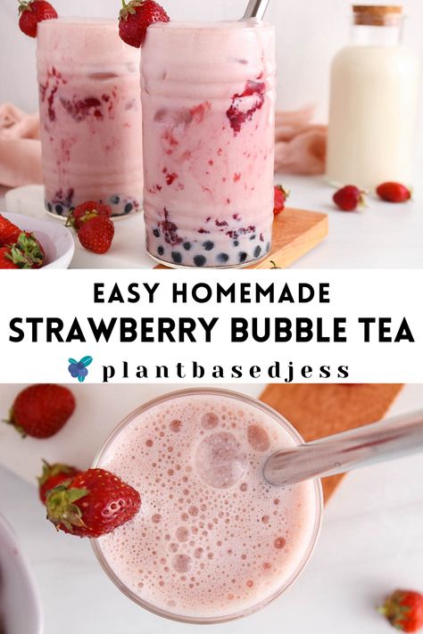 View on a tall glass of strawberry bubble tea. Strawberry Bubble Tea, Strawberry Boba, Boba Recipe, Boba Tea Recipe, Bubble Tea Recipe, Boba Bubble Tea, Milk Tea Recipes, Tea Drink Recipes, Boba Pearls