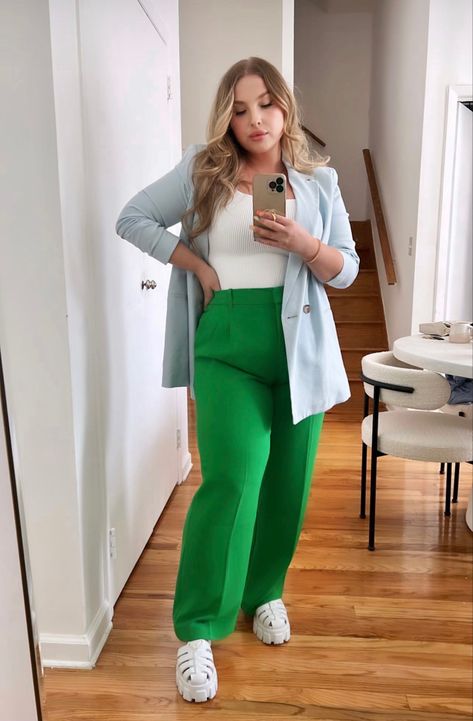 Sarah is taking a selfie while wearing a light blue blazer, a white tank top, bright green pants and white gladiator sandals Green And Blue Outfit, Easter Fits, Lime Green Shirts, Blue And White Outfits, Worship Team, Colour Blocking, Cool Summer, Green Outfit, Fashion Board