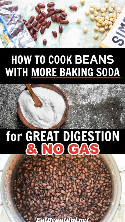 How to Cook Beans with MORE Baking Soda for GREAT Digestion (NO GAS!) is a life-changing recipe & article. Now eat beans with no gas issues! | how to make beans easier to digest How To Make Beans, How To Soak Beans, Baking Soda Water, Cooking Dried Beans, Dry Beans, Acidic Foods, Homemade Soup Recipe, How To Cook Beans, Man Food