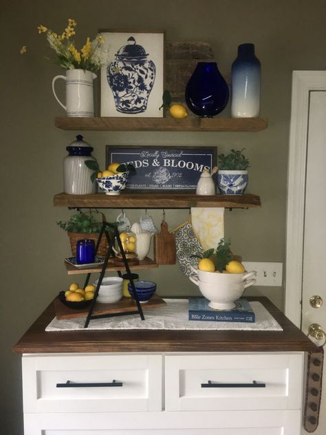 Navy And Lemon Kitchen, Lemon And Blue Kitchen Decor, Blue Farmhouse Kitchen Decor, Blue Yellow Kitchen Decor, Decor On Floating Shelves, Blue And Gold Kitchen Decor, Blueberry Kitchen Decor, Blue Kitchen Decor Ideas, Floating Shelves In Kitchen