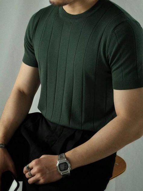 Men Solid Ribbed Knit Top | SHEIN USA Dark Green Outfit Men, Dark Green Outfit, Dark Green Shirt, Guy Fashion, Polo Shirt Outfits, Mens Business Casual Outfits, Shirt Outfit Men, Clothing Reference, Max Fashion