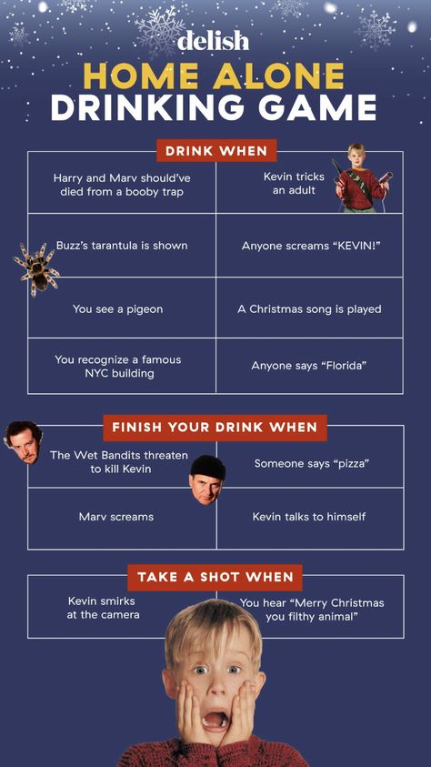 Christmas Movie Drinking Games, Elf Drinking Game, Christmas Drinking Games, Movie Drinking Games, Drunk Games, Alcohol Games, Girly Party Ideas, Home Alone Movie, Home Alone Christmas