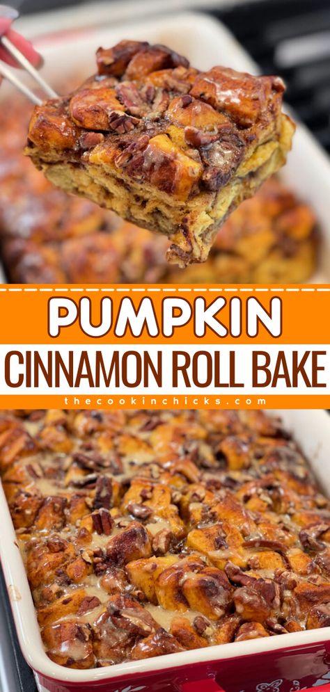 Want more pumpkin recipes for breakfast? This simple fall recipe lets you have an easy Pumpkin Cinnamon Roll Bake! Made with pumpkin rolls, a delicious mixture, and a glaze on top, you'll love every bite of this cinnamon roll casserole! No Knead Pumpkin Cinnamon Rolls, Pumpkin Cinnamon Roll Monkey Bread, Cinnamon Rolls And Pumpkin Pie Filling, Canned Cinnamon Roll Desserts, Dump And Bake Pumpkin Cinnamon Roll, Grands Pumpkin Spice Rolls, Dump And Bake Pumpkin Cinnamon Roll Casserole, Crockpot Pumpkin Cinnamon Rolls, Pumpkin Pie Casserole Recipe