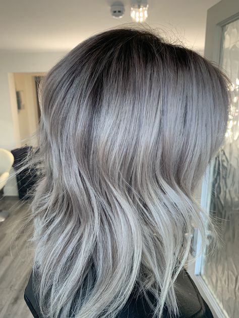 Grey Hair With Root Smudge, Root Shadow Ash Blonde, Gray Hair Shadow Root, Silver Hair Brown Roots, Gray Hair With Root Smudge, Silver Hair Root Smudge, Root Smudge Grey Hair, Silver Hair With Root Smudge, Grey Hair With Shadow Root