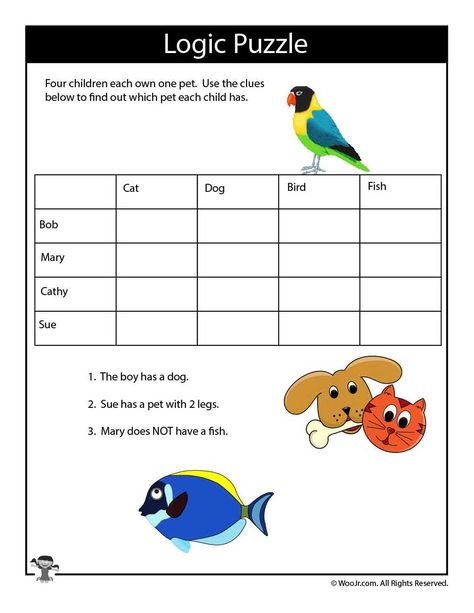 Printable Logic Puzzles for Kids | Woo! Jr. Kids Activities Logic Worksheets, Printable Logic Puzzles, Logic Puzzles For Kids, Math Puzzles Brain Teasers, Kids Critical Thinking, Logic Questions, Logic Games For Kids, Reasoning Activities, Logic Math