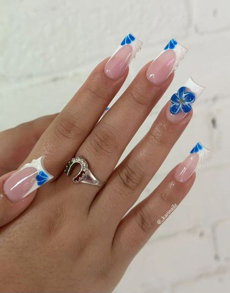 Blue Habisquis Flower Nails, Blue Nails White Snowflake, Nails That Match Blue Dress, Dusty Blue Wedding Nails Bridesmaid, Light Blue Nails With Flower Design, Blue Flowers Nails Design, Baby Blue Flower Nails, Baby Blue And White Acrylic Nails, Blue Frenchies Nails