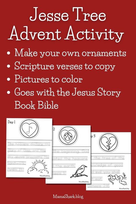 Jesse Tree Advent Ornament Printable Activity sheets with the Jesus Story Book Bible Jesse Tree Printables, Advent Family Activities, Jessie Tree, Kids Ministry Lessons, Advent Family, Make Your Own Ornaments, Jesus Story, Jesse Tree Advent, Tree Activity