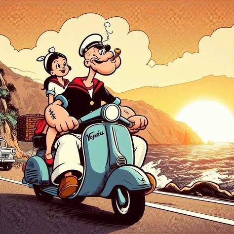 Popeye Cartoon, Vintage Road Trip, Popeye And Olive, Vintage Vespa, Vw Art, Cool Car Drawings, Print Design Art, Motorcycle Painting, Vespa Lambretta