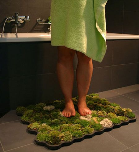 How to make a live moss bath mat. Moss Bathmat: To create it, get yourself a length of thick polyethylene foam from the hardware store, carve out cups for your mosses to be tucked into, and then place it outside your bathtub or shower enclosure to soak up drips when you step onto it. Moss Shower Mats, Diy Bathroom Mat, Moss Bath Mat, Moss Rug, Design Moda, Decoration Originale, Earthship, Shower Mat, Eco House