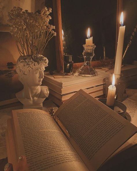 Dark Academia Candles, Reading By Candlelight, Candle Light Room, Cozy Academia, 1800s Aesthetic, Dark Botanical, Bedroom Candles, Dark Books, Library Aesthetic