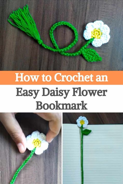 Crochet Daisy Bookmark Pattern Free, Crochet Bookmark Tutorial, Daisy Bookmark, Easy Crochet Bookmarks, Bookmarks Ideas, Bookmark Tutorial, A Daisy Flower, Puff Stitch Crochet, Bookmark Pattern