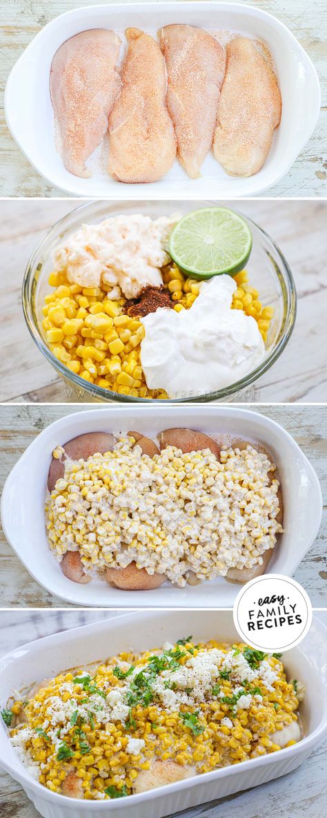 This Mexican Street Corn Chicken Bake recipe is super fast to make and such a delicious family dinner! With the flavors of Elote Corn smothered on top of tender chicken breast and then baked to tender perfection, this recipe is perfect for a busy weeknight. This chicken recipe with a few ingredients still packs in the flavor with sweet corn baked in a combination of mayonnaise, sour cream, spices and cheese for a kid friendly dinner the whole family will love! Mexican Street Corn Chicken, Best Chicken Dinner, Street Corn Chicken, Dinner Mexican, Corn Chicken, Easy Chicken Dinner Recipes, Mexican Street Corn, Street Corn, Mexican Street