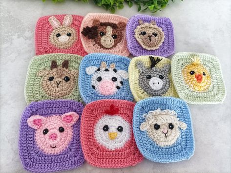 Applique Granny Square, Sheep Granny Square Free Pattern, Free Crochet Applique Patterns Animals, Goat Granny Square, Crochet Cow Cardigan, Crochet Animal Granny Square Blanket, Crochet Horse Granny Square, Best Granny Squares, Pig Granny Square