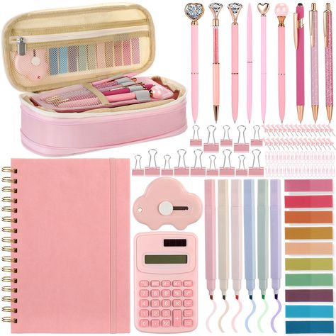 PRICES MAY VARY. Exquisite Aesthetic School Supplies Set: cute school supplies include 6 pieces colorful highlighters, 9 pieces cute ballpoint pens, 200 pieces sticky notes in 10 colors, 1 pieces pencil case, 1 box of binder clips set, 1 pieces compact calculator, 1 pieces beautiful spiral notebooks and 1 pieces mini cloud utility knife Essential for the Start of School: this school supplies for girls include necessary items such as large capacity pencil pouch, metal ballpoint pens, cute highlig Cute Stationary School Supplies Notebooks, Cute Pens For School, Cute School Stuff, Aesthetic School Stuff, Amazon Supplies, Cute Back To School Supplies, Pink School Supplies, Fun School Supplies, Back To School Stuff