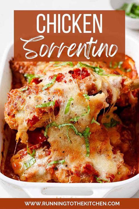 A classic Italian dish featuring thinly sliced chicken cutlets topped with baked eggplant and prosciutto in a simple tomato sauce that's baked with mozzarella and parmesan for a hearty, bubbly and comforting meal. Chicken Sorrentino Recipe, Chicken Sorrentino, Cold Chicken Recipes, Saltimbocca Recipe, Chicken Eggplant, Chicken Saltimbocca, Italian Chicken Recipes, Easy Tomato Sauce, Cheese Baked