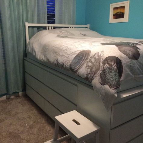 Have a small bedroom but need lots of storage? Then this Hack is for you! Tons of drawer space plus lots of hidden under bed storage! Ikea Storage Bed Hack, Ikea Hack Lit, Bedroom List, Ikea Storage Bed, Ikea Platform Bed, Small Space Storage Bedroom, Bedroom Storage For Small Rooms, Ikea Bedroom Storage, Ikea Bed Hack