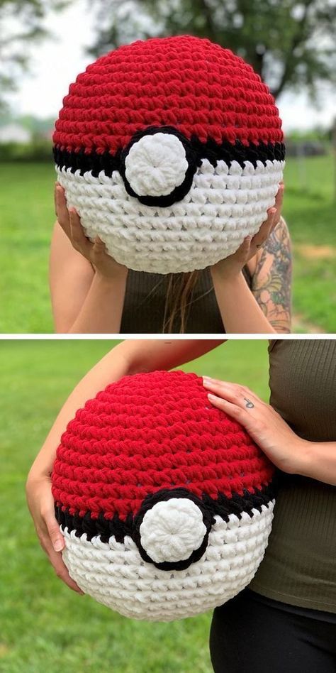 This pokeball crochet toy will be great for playing with children. If you want to play ball with your little one but don't want them to hit the ball, you can use a stuffed animal. This giant pokeball design will be just fine. It also makes a nice piece of decor and can be used as a decorative pillow, so don't miss out on this free pattern! Crochet Pokemon Ball Pattern Free, Crochet Ball Pillow Pattern Free, Crochet Ball Pillow, Crochet Pokeball Pattern Free, Amigurumi Free Pattern Pokemon, Pokeball Crochet Pattern Free, Ball Crochet Pattern Free, Crochet Pokemon Ball, Pokemon Crochet Patterns Free