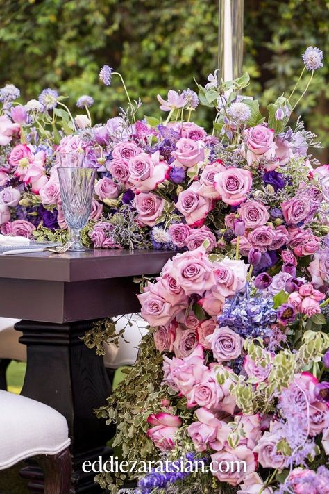 It’s not a traditional color palette for a wedding, but using sunny, summery brights like red, orange, and yellow will bring incredible energy to an event! Learn how when you click through to read Eddie Zaratsian’s top tips and view the photo gallery. Purple Arrangements, Lavender Color Palette, Wedding Color Palette Ideas, Wedding Color Schemes Spring, Traditional Color Palette, Myrtle Beach Wedding, Vibrant Wedding, Wedding Color Palettes, Beach Wedding Hair