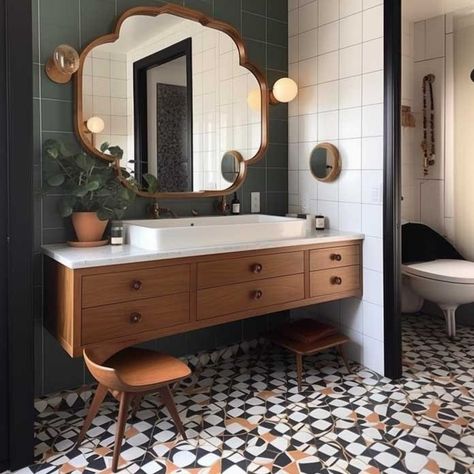 15+ Amazing Mid-Century Bathroom Design Ideas for a Retro Touch • 333+ Inspiring Lifestyle Ideas Midcentury Small Bathroom, Mid Century Restroom, Retro Style Bathroom Ideas, Mid Century Modern Bathroom Tile Floors, Mid Century Shower Ideas, Mid Century Half Bathroom, Mod Century Bathroom, 70s Retro Bathroom Ideas, Mid Mod Bathroom Vanity