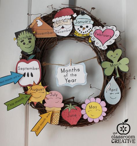 month of the year chart as interactive wreath from theclassroomcreative.com Months Of The Year Chart, Month Of The Year Chart For Preschool, Months Of The Year Chart Ideas, 1st Day At School Frame, Field Day Activities, Addams Family Theme, Kindergarten Calendar, Family Birthday Calendar, Classroom Calendar