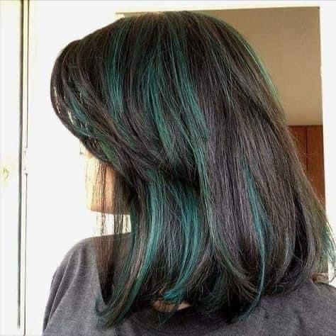 Hair With Green Streaks, Dark Brown Hair With Green Tips, Hair With Green Highlights, Brown Hair With Green Streaks, Black Hair With Green Streaks, Dark Green Highlights, Dark Green Streaks In Hair, Green And Brown Hair, Dark Green Hair Dye