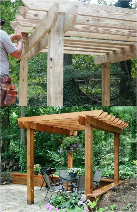 20 DIY Pergolas With Free Plans That You Can Make This Weekend #diy #pergola #plans #backyard #rustic #woodworking Free Pergola Plans, Building A Patio, Cheap Pergola, Pergola Swing, Building A Pergola, Modern Pergola, Metal Pergola, Patio Fire Pit, Outdoor Kitchen Design Layout