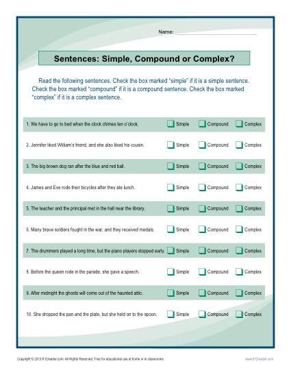 Printable Sentences Activity - Simple, Compound, or Complex? Sentence Structure Worksheets, Simple Compound Complex Sentences, Compound Complex Sentences, English Sentence Structure, Compound And Complex Sentences, Complex Sentence, Simple And Compound Sentences, Complex Sentences Worksheets, Spelling Word Practice