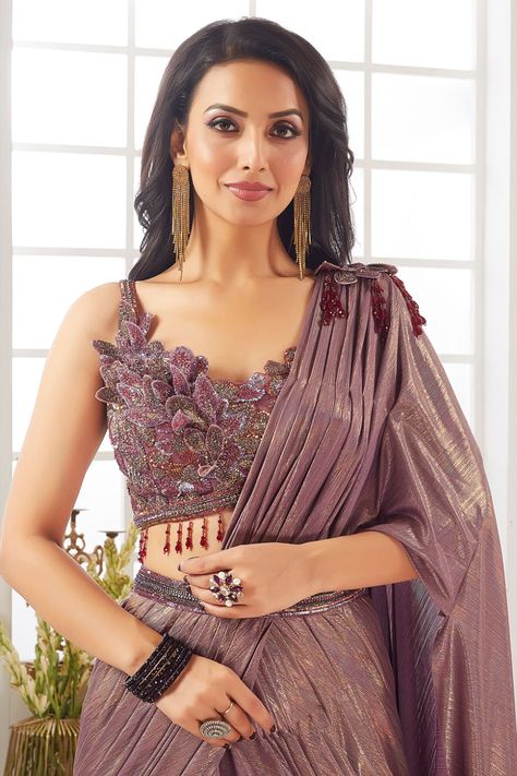 Dusty Lavender Sequins Embroidered Shimmer Lycra Saree #fancysaree #stylistsaree #Embroiderysaree #LavenderSaree #SareeLover #FancySaree #PaithaniSarees #kalamkarisaree Lycra Saree, Dusty Lavender, Kalamkari Saree, Embroidery Saree, Classy Dress Outfits, Fancy Sarees, Blouse Design, Classy Dress, Blouse Designs