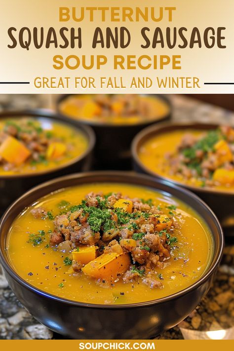 Butternut Squash and Sausage Soup for Sweet and Savory Bliss Butternut Squash And Sausage Soup, Squash Sausage Soup, Squash And Sausage Soup, Butternut Squash Sausage Soup, Butternut Squash And Sausage, Butternut Squash Sausage, Creamy Butternut Squash Soup, Sausage Soup Recipes, Creamy Butternut Squash