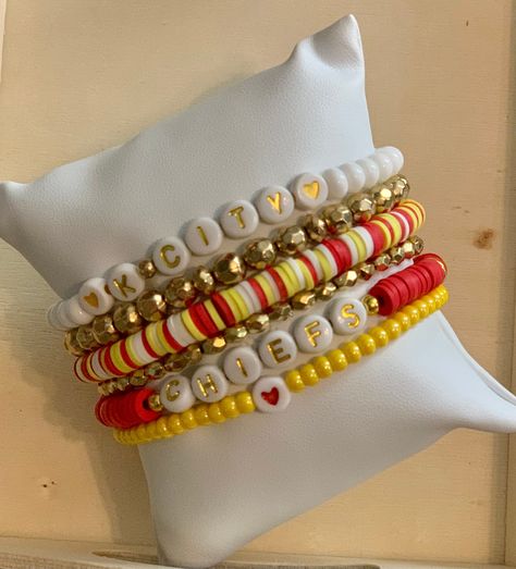 Kc Chiefs Bracelets, Kc Chiefs Clay Bead Bracelet, Chiefs Heishi Bracelet, Chiefs Beaded Bracelet, Football Team Clay Bead Bracelets, Clay Bracelet Stack Ideas, Chiefs Clay Bead Bracelet, Kc Chiefs Bracelet, Chiefs Bracelet Ideas