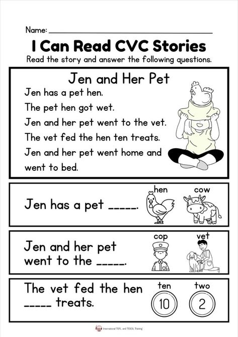 This is the perfect EFL worksheet for beginner readers. Students read the story and answer the reading comprehension questions. Cvc Stories, Phonics Reading Passages, First Grade Reading Comprehension, Reading Comprehension For Kids, Cvc Words Kindergarten, Kindergarten Phonics Worksheets, Beginner Reader, Reading Comprehension Lessons, Kindergarten Reading Worksheets