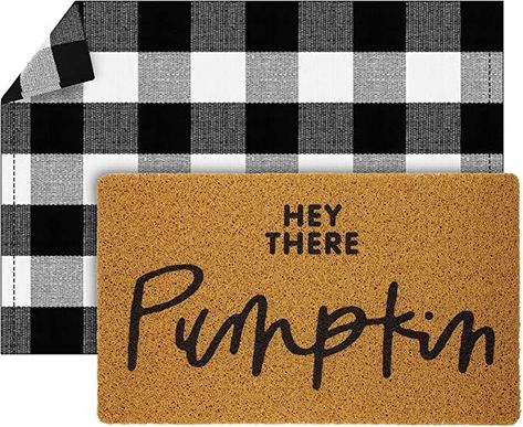 Layering Decor, Buffalo Plaid Rug, Hey There Pumpkin, Halloween Doormat, Porch Pumpkins, Fall Doormat, Plaid Rug, Halloween Door Mat, Porch Rug